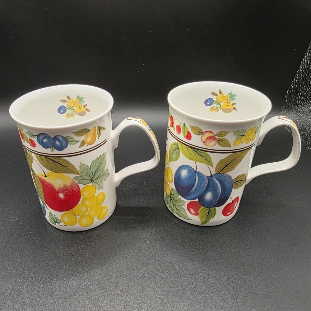 Vintage Roy‎ Kirkham Eden English Fine Bone China Fruit Garden Mugs Set Of 2